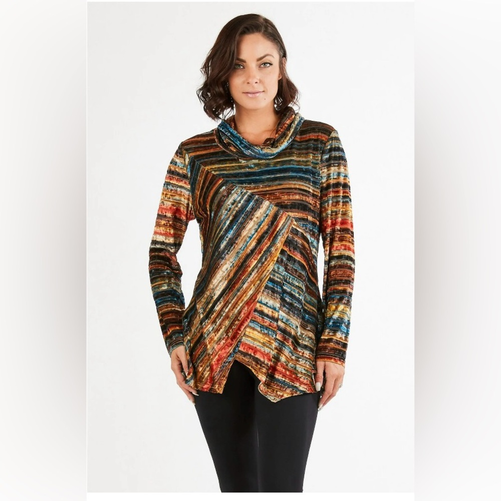 Cartise Cowl Neck Multi Color Asymmetrical Hemline Velvet Tunic Size Medium